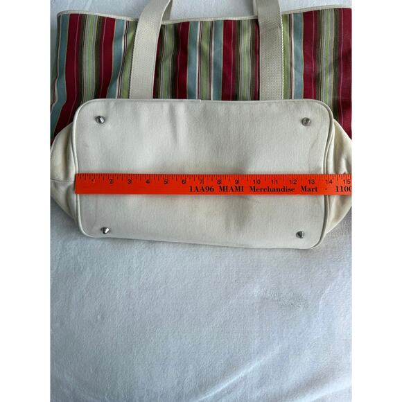 Retired Pottery Barn Large Canvas Tote Boat Bag Stripes Zipper Closer Red Cream - Picture 8 of 16